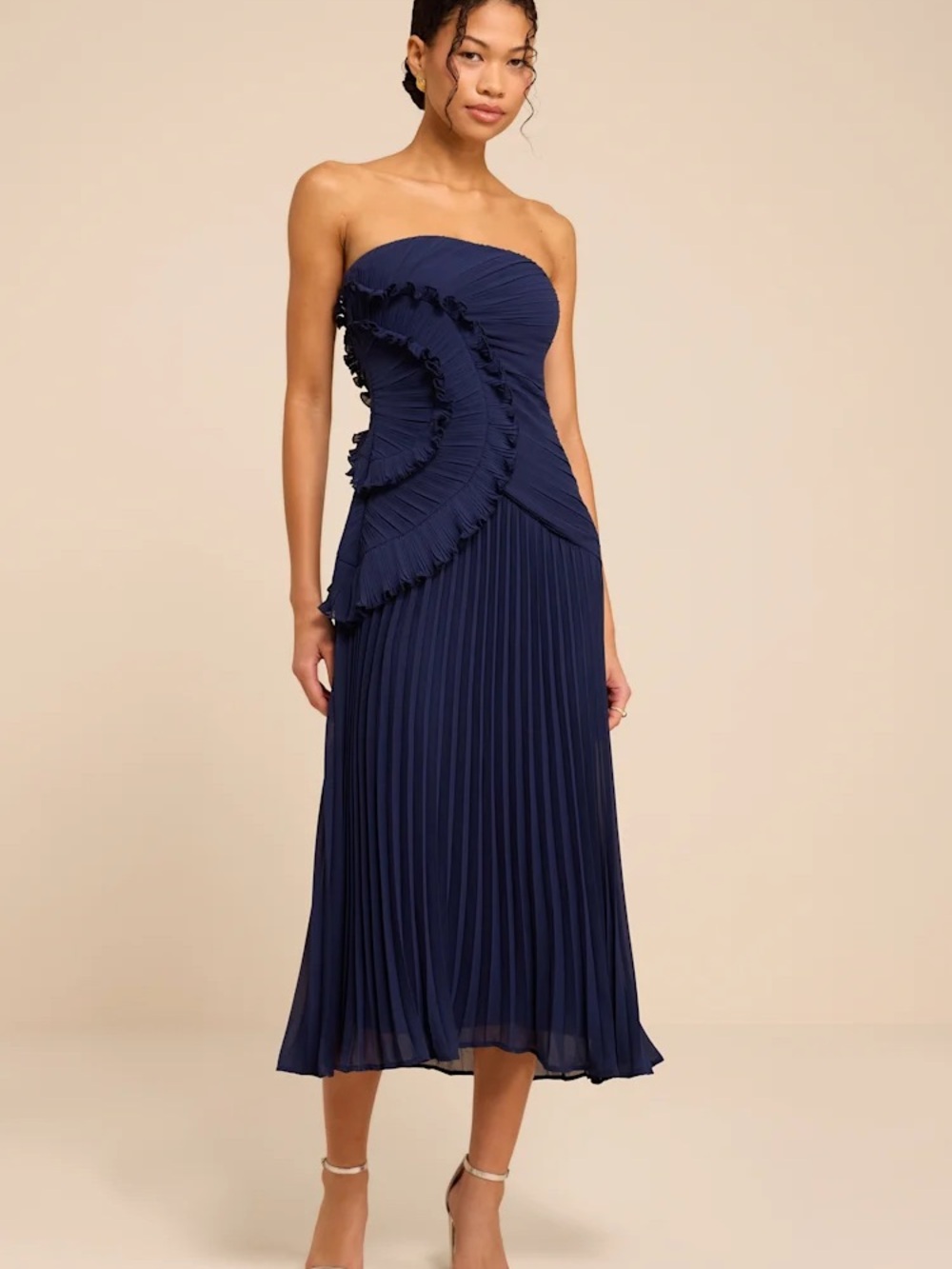 Brylee Navy Pleated Ruffled Midi Dress